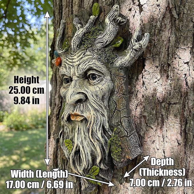10" Whimsical Tree Face Sculpture, Garden Peeker Statue, Outdoor Trunk Tree Huggers Art, Landscape Accent Ornament, Hanging Fairy Elve Figurine for Yard Art, Trees Decor Wall Mounted Statues
