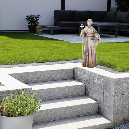 Needzo Natural Stone Resin Solar St Francis Garden Statue Planter, Outdoor Patio Decor, 24 Inch