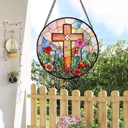 DASTOLL Christian Gifts for Women - Cross Stained Glass Window Hanging Easter Colorful Wildflowers Sun Catcher Garden Religion Decor Mother's Day Catholic Gift for Men Grandma Mom Nana Her 9.8"