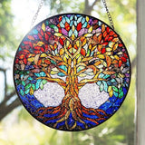 Double Sided Tree of Life Stained Glass Window Hanging, 7.9" Sun Catcher Panel, Green Plant Wall Art for Home & Garden, Unique Gift for Women & Men