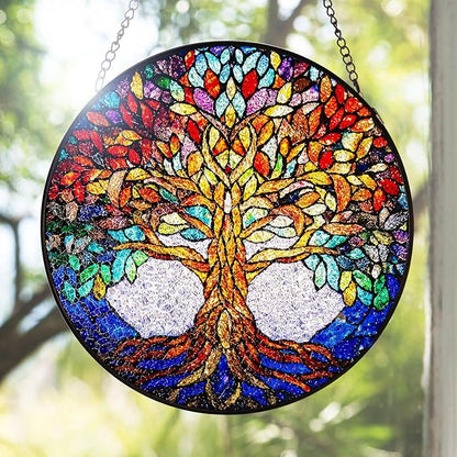Double Sided Tree of Life Stained Glass Window Hanging, 7.9" Sun Catcher Panel, Green Plant Wall Art for Home & Garden, Unique Gift for Women & Men