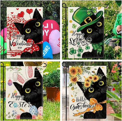 Black Cat Garden Flags for Outside Set of 12, Kitten Welcome Seasonal Garden Flags 12x18 Double Sided for All Seasons and Holidays, Fall Halloween Winter Christmas Yard Flag for Outdoor Decor