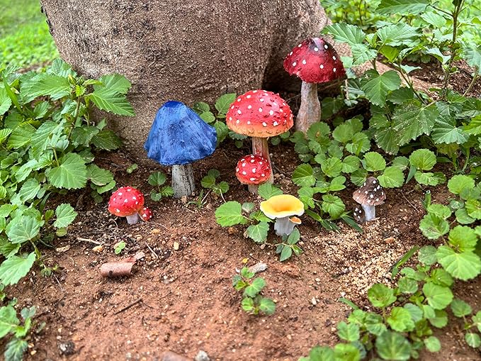 Miniature Resin Mushroom Decor for Fairy Garden – 6 PCS Colorful Mushroom Figurines, Yard Art Ornaments for Outdoor Garden, Bonsai & Terrarium Decorations (Four Set)