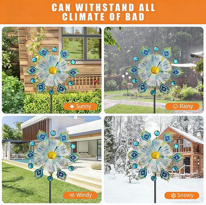 46" Peacock Feather Solar Wind Spinners Led Garden Wind Spinner, Sapphire Kinetic Windmill Wind Spinner Outdoor Decor, Wind Sculpture for Patio, Lawn & Garden
