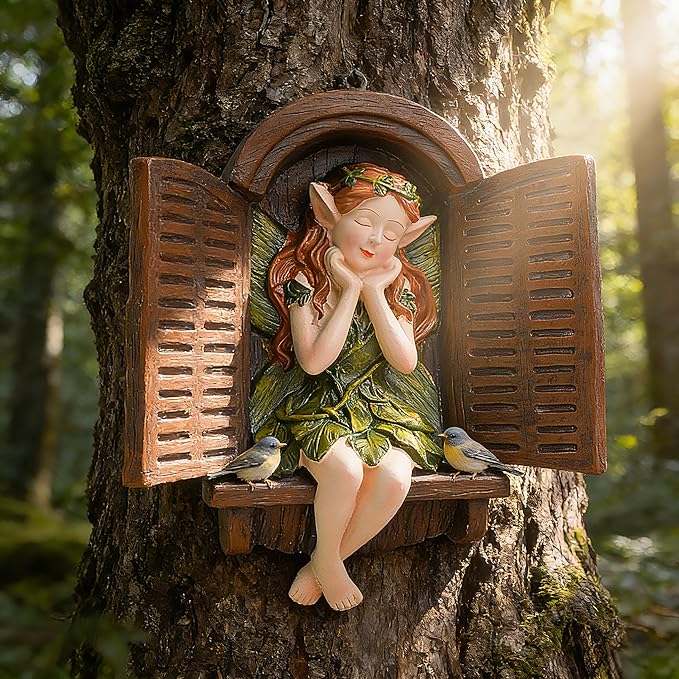 Teaeeno Whimsical Fairy Garden Gnome Statue, Tree Faces Decor Outdoor -7.8 Inch, Funny Garden Tree Decoration, Ideal Patio Yard Lawn Porch Decoration