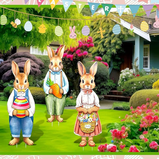 Umigy 3 Pcs Easter Yard Decor Elegant Easter Sign with Stakes 32 x 10 Inch Bunny Holding Carrots Eggs Baskets Lawn Decor Cute Yard Decoraitons for Home Pathway Walkway