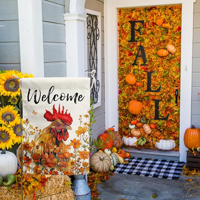 Chicken Fall Garden Flag Autumn Rooster Yard Sign Orange Floral Thanksgiving Outdoor Banners for Outside 12x18 Double Sided Small Wild Flower Lawn Decorations