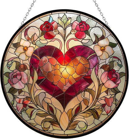 Valentine Heart Stained Glass Window Hanging Window Suncatcher 12" Glass Panel with Metal Chain Sun Catchers Wall Art Home Decor Gift for Women Mother's Day
