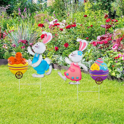 YIYA Metal Easter Bunny Yard Signs Rabbit Garden Stakes with Egg & Carrot Weatherproof Spring Decorative Outdoor Decor for Lawn Porch Patio