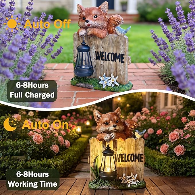 Garden Fox Welcome Sign with Solar LED Lantern, Outdoor Decorative Statue with Bird and Flowers for Porch, Patio or Garden