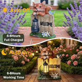 Garden Fox Welcome Sign with Solar LED Lantern, Outdoor Decorative Statue with Bird and Flowers for Porch, Patio or Garden