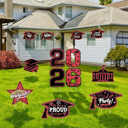 13Pcs Graduation Yard Signs Class of 2026 Large Congrats Grad Sign with Stakes & String Hanging Graduation Decorations for Indoor Outdoor Yard Lawn Porch School (Red)