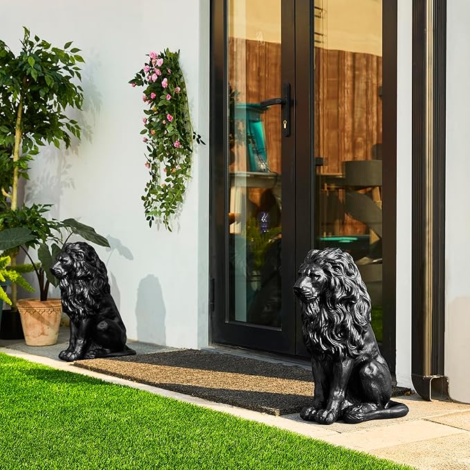 Glitzhome Guardian Sitting Lion Statue Regal Indoor and Outdoor Garden Sculpture for Home Entrance Porch and Yard, 20.75in Tall, Black