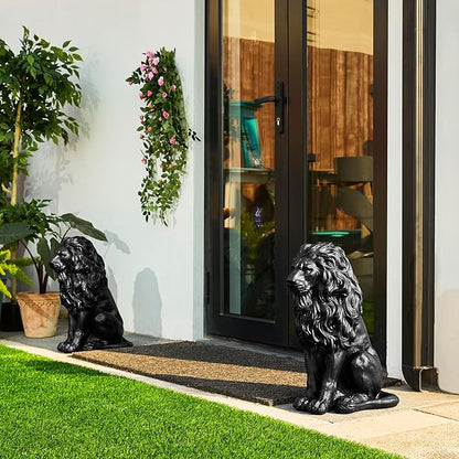 Glitzhome Guardian Sitting Lion Statue Regal Indoor and Outdoor Garden Sculpture for Home Entrance Porch and Yard, 20.75in Tall, Black