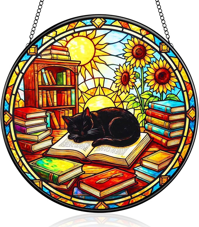 LITIVY Black Cat Suncatcher Stained Glass, Book Lovers Present, 8 Inch Handmade Colorful Library Theme Window Hanging Decor for Reading Nook, Sun Catcher Home Decor