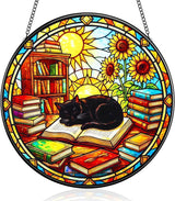 LITIVY Black Cat Suncatcher Stained Glass, Book Lovers Present, 8 Inch Handmade Colorful Library Theme Window Hanging Decor for Reading Nook, Sun Catcher Home Decor