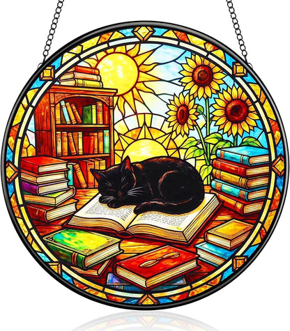 LITIVY Black Cat Suncatcher Stained Glass, Book Lovers Present, 8 Inch Handmade Colorful Library Theme Window Hanging Decor for Reading Nook, Sun Catcher Home Decor