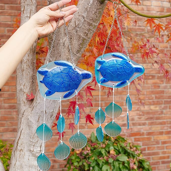 H&D HYALINE & DORA 20 Inch Glass Sea Turtle Wind Chimes Blown Glass Seashell Wind Chimes for Outside Handmade Wind Chime Decorative for Living Room, Bedroom, Beach House