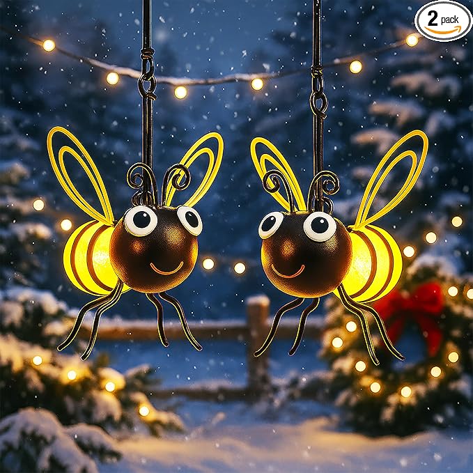Solar Bee Lights Outdoor for Garden,– Hanging Metal Insect Lights with Hook, Waterproof Butterfly & Dragonfly Decorations for Garden, Yard, Patio, Holiday Gifts for Women & Kids (Golden-2PC)
