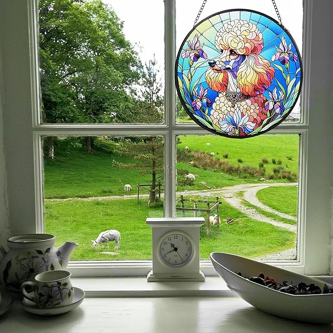 Stained Glass Dog Memorial Suncatcher,Poodle Window Hanging,Sympathy Gifts for Pet Loss,7.9 inch/20 cm Home and Garden Decor for Dog Lovers