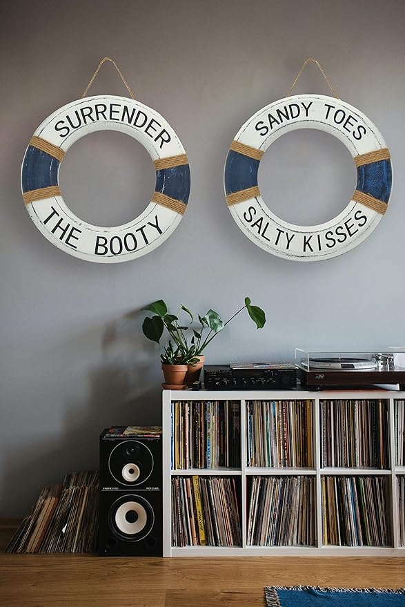 Hand Carved Lifesaver Rings Decor - Surrender the Booty and Sandy Toes, Salty Kisses Design - Nautical Beach Décor - Pool Safety Equipment - Outdoor Sign, Pool and Boat Decoration
