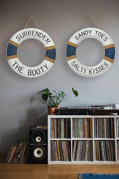 Hand Carved Lifesaver Rings Decor - Surrender the Booty and Sandy Toes, Salty Kisses Design - Nautical Beach Décor - Pool Safety Equipment - Outdoor Sign, Pool and Boat Decoration