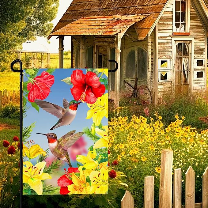 Hummingbird Garden Flags Red Flower Hibiscus and Yellow Lilies Yard Flag Wedding Anniversary Polyester Floral House Banners Double Sided for Spring Summer Party Outdoor Decor 12 x 18 Inch