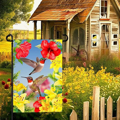 Hummingbird Garden Flags Red Flower Hibiscus and Yellow Lilies Yard Flag Wedding Anniversary Polyester Floral House Banners Double Sided for Spring Summer Party Outdoor Decor 12 x 18 Inch