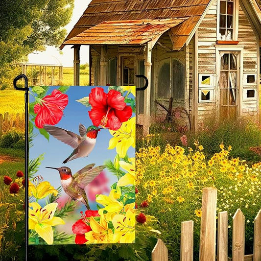 Hummingbird Garden Flags Red Flower Hibiscus and Yellow Lilies Yard Flag Wedding Anniversary Polyester Floral House Banners Double Sided for Spring Summer Party Outdoor Decor 12 x 18 Inch