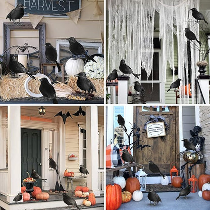 kemooie 6 Packs Real Feathered Halloween Black Crows, Handmade Realistic Crow with Real Feathers Raven Birds for Yard Tree Garden Patio Indoor Outdoor Halloween Decorations