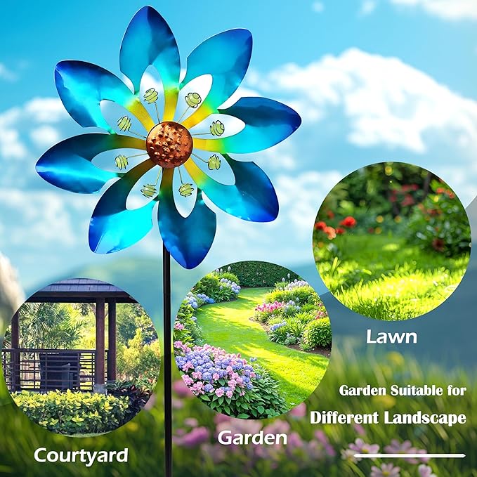 COOZZYHOUR Outdoor Metal Flower Wind Spinners,36 Inch Blue Flower Windmill with Stake,Pinwheels for Yard Lawn Patio and Garden Decor-Blue