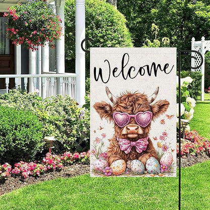 Welcome Cow Garden Flags 12x18 Inch Vertical Double Sided Outside, Easter Eggs Flowers Spring Yard Flag Decor, Holiday Outdoor Decorations for Home
