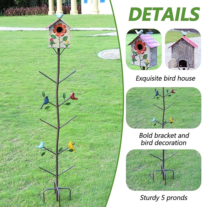 Multifunctional Metal Bird House Glass Bottle Tree Stake for Outdoor Colorful Garden Decorative Bottle Holder & Outdoor