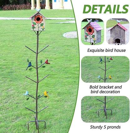 Multifunctional Metal Bird House Glass Bottle Tree Stake for Outdoor Colorful Garden Decorative Bottle Holder & Outdoor