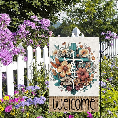 Welcome Cross Flowers Garden Flags 12x18 Vertical Double Sided, Easter Spring Summer Yard Flag for Outside Religious Decor, He Is Risen Holiday Outdoor Seasonal Decorations for Home