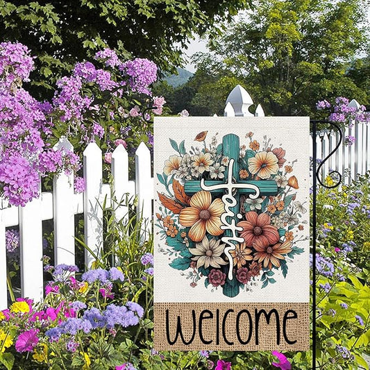 Welcome Cross Flowers Garden Flags 12x18 Vertical Double Sided, Easter Spring Summer Yard Flag for Outside Religious Decor, He Is Risen Holiday Outdoor Seasonal Decorations for Home
