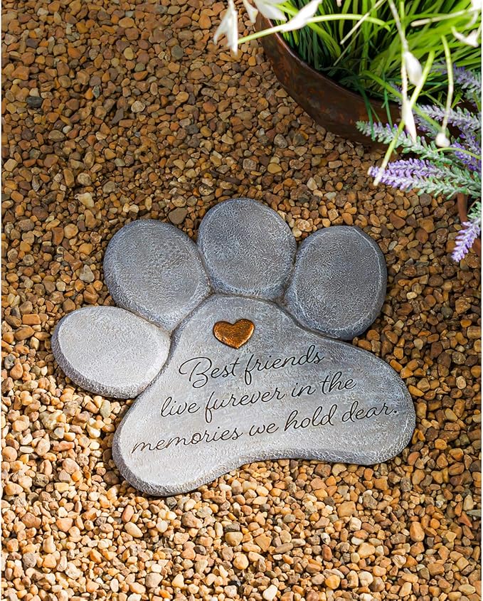 Evergreen Garden 11" Paw Shaped Pet Memorial Garden Stone, Best Friends Live Forever
