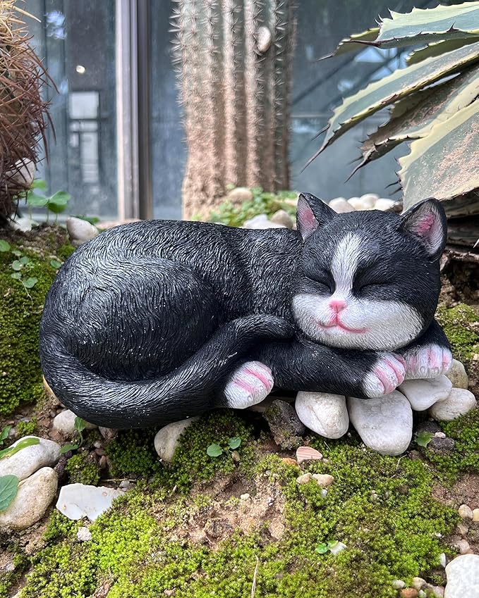 Elenon Cat Garden Statue Decorative for Yard, Black & White Sleeping Cat Figurines Home Lawn Decor, Patio Kitten Tuxedo Statues Pets Memorial Ornament for Cat Lovers