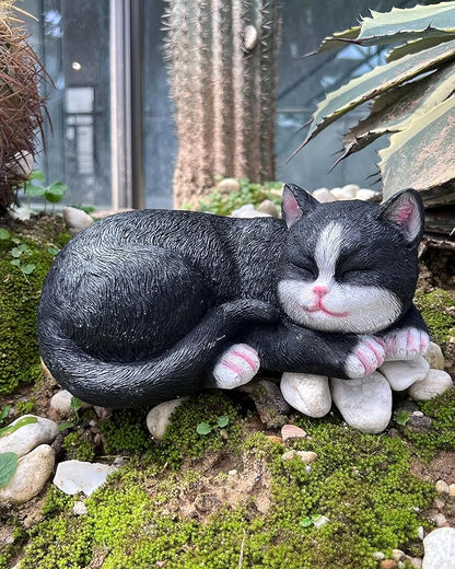 Elenon Cat Garden Statue Decorative for Yard, Black & White Sleeping Cat Figurines Home Lawn Decor, Patio Kitten Tuxedo Statues Pets Memorial Ornament for Cat Lovers