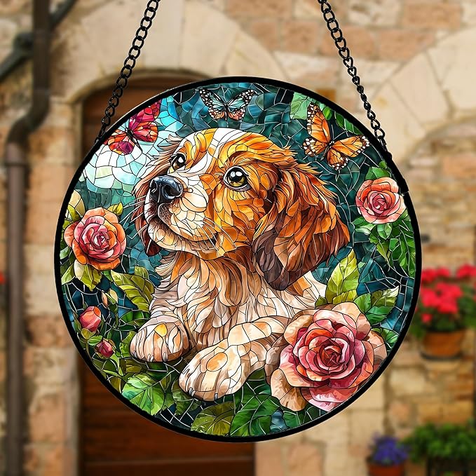 DASTOLL Stained Glass Window Hanging, Dog and Rose Suncatcher for Doors Home Butterfly Sun Catchers Decoration and Christmas, Mother's Day Birthday Gifts for Women, Men, and Mom 6.3 in