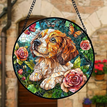 DASTOLL Stained Glass Window Hanging, Dog and Rose Suncatcher for Doors Home Butterfly Sun Catchers Decoration and Christmas, Mother's Day Birthday Gifts for Women, Men, and Mom 6.3 in