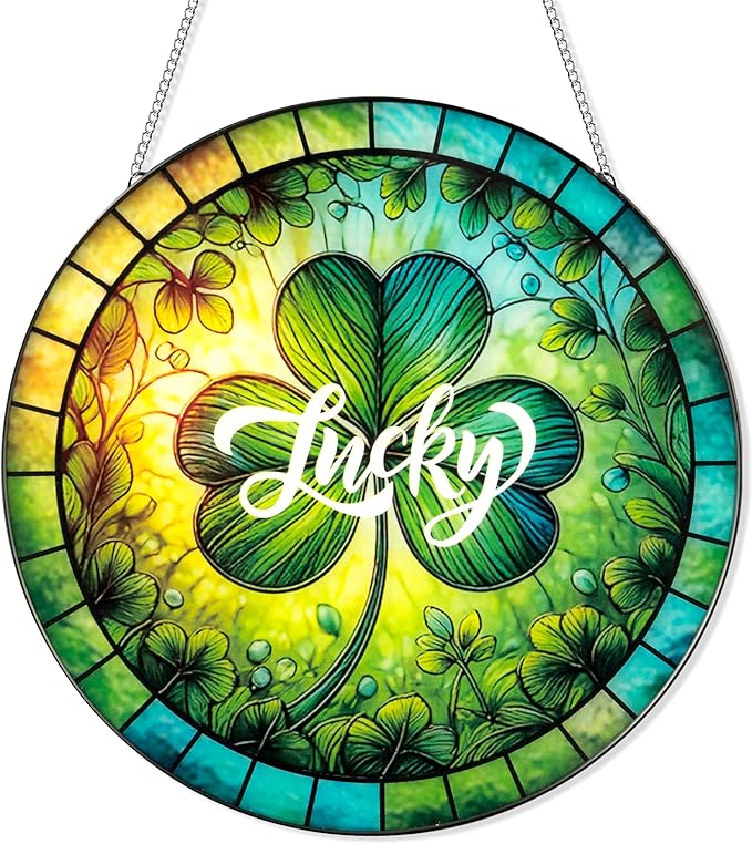 Shamrock Suncatcher Stained Glass Ornaments - 7.87 Inches St. Patrick's Day Clover Window Hanging Decoration, Irish Sun Catcher Home Art Decor for Festival, Gifts for Women Men (Lucky)
