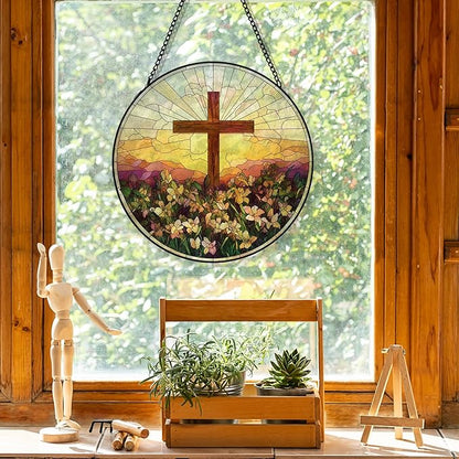 Cross Flower Suncatcher Stained Glass Window Hanging, Wildflower Cross Sun Catchers Indoor Window Glass Round Wall Decor, Religious Wall Art Hanging Decorations, 7.8＂x7.8＂