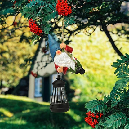 Solar Hanging Gnome Garden Statues Climbing Rope Gnome with LED Lantern Spring Outdoor Decor Tree Hugger Yard Porch Wall Fence Decoration Mother's Day Birthday Gifts for Mom Women
