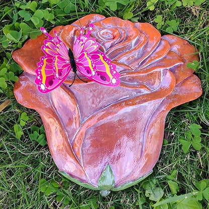 Garden Stepping Stones Outdoor Walkway – Resin Rose Flower Pavers for Path, Lawn & Backyard – Courtyard Entrance Decorative Small Statue with Artificial Flowers – Set of 2, Brown