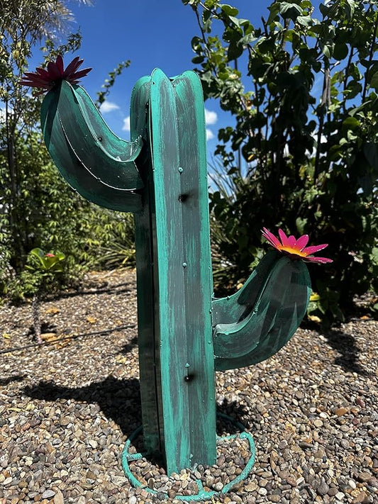 Colorful Metal Saguaro Cactus with Flowers - Handmade Garden Decor (Turquoise)