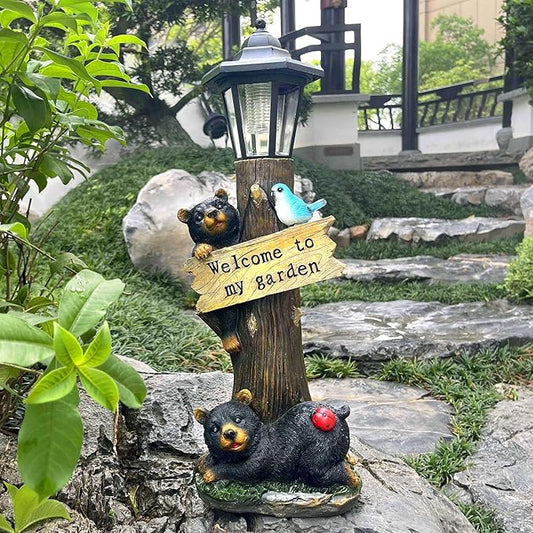 19 Inches Bear Statue Welcome Sign Garden Statue with Solar Lights, Resin Bear Family on The Tree, Outdoor Bear Décor for Yard, Garden, Lawn, Patio, Black and Brown Animal Statue