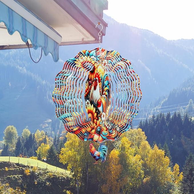 Chicken Wind Spinners Outdoor - Rooster Decor Hanging Kinetic Sculptures Metal Art Ornaments for Patio Yard Home Porch 3D Indoor Outside Decoration Birthday Gifts for Women Mom Grandma