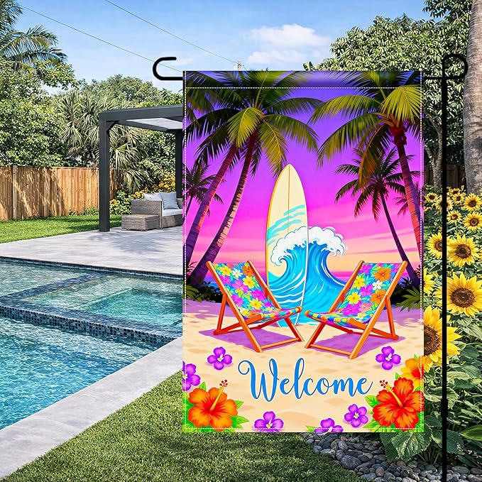 BlissYard Welcome Summer Beach Garden Flag 12x18 Double Sided Vertical Outdoor Decor Surfboard Chair Tropical Yard Garden Lawn Banner Coastal Seasonal Display