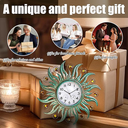 COOZZUHOUR 25 Inch Metal Sun Outdoor Shaped-Clock with Thermometer and Hygrometer Combo, Battery-Powered 10-inch Waterproof Dial and Silent Quartz Movement for Home Decorative Gifts(Cyan)